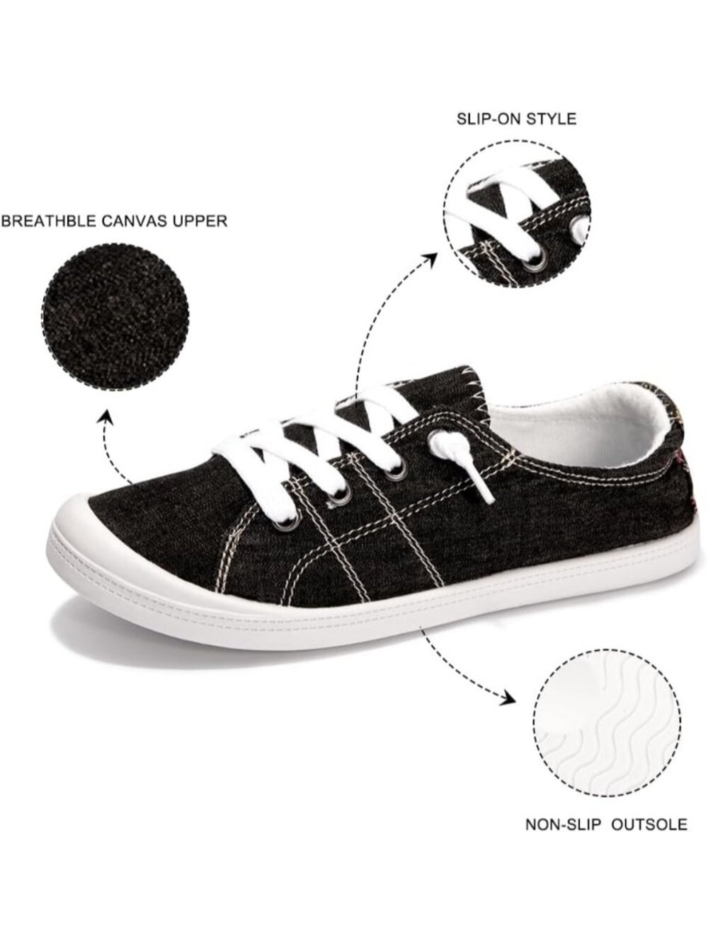 Women's Black Slip On Canvas Low Top Breathable Casual Classic Flat Sneakers - Picture 6 of 6